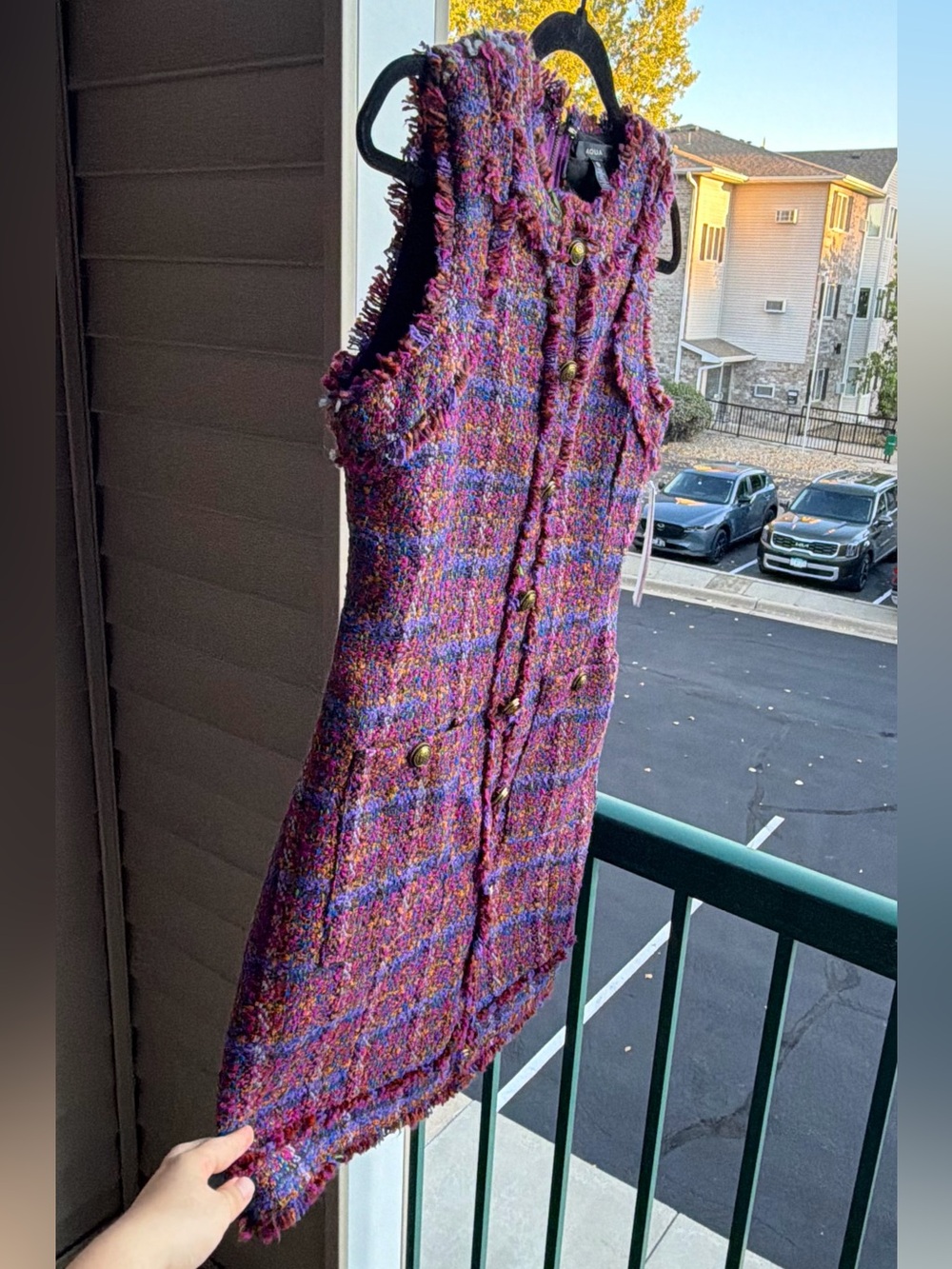 🆕💗💜AQUA Multicolor Tweed Plaid Sleeveless Mini Dress Gold Buttons Size S - Picture 5 of 17